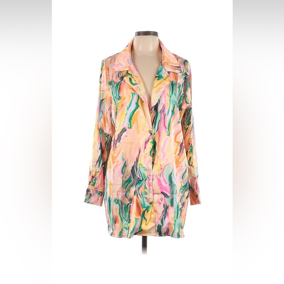 Nasty Gal Satin Marble Colorful Two Piece Wide Leg Pants Set US12 - Picture 2 of 14